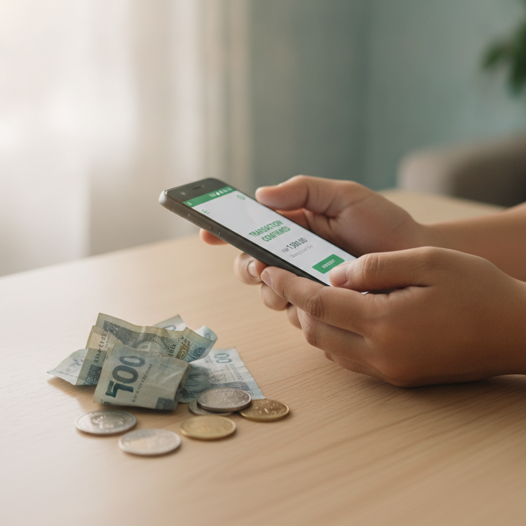 Filipino user checking mobile payment transaction on smartphone with peso bills